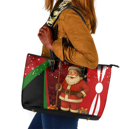 Kenya Christmas Leather Tote Bag Santa Claus Spear and Red Green Harambee Crest - African Pride