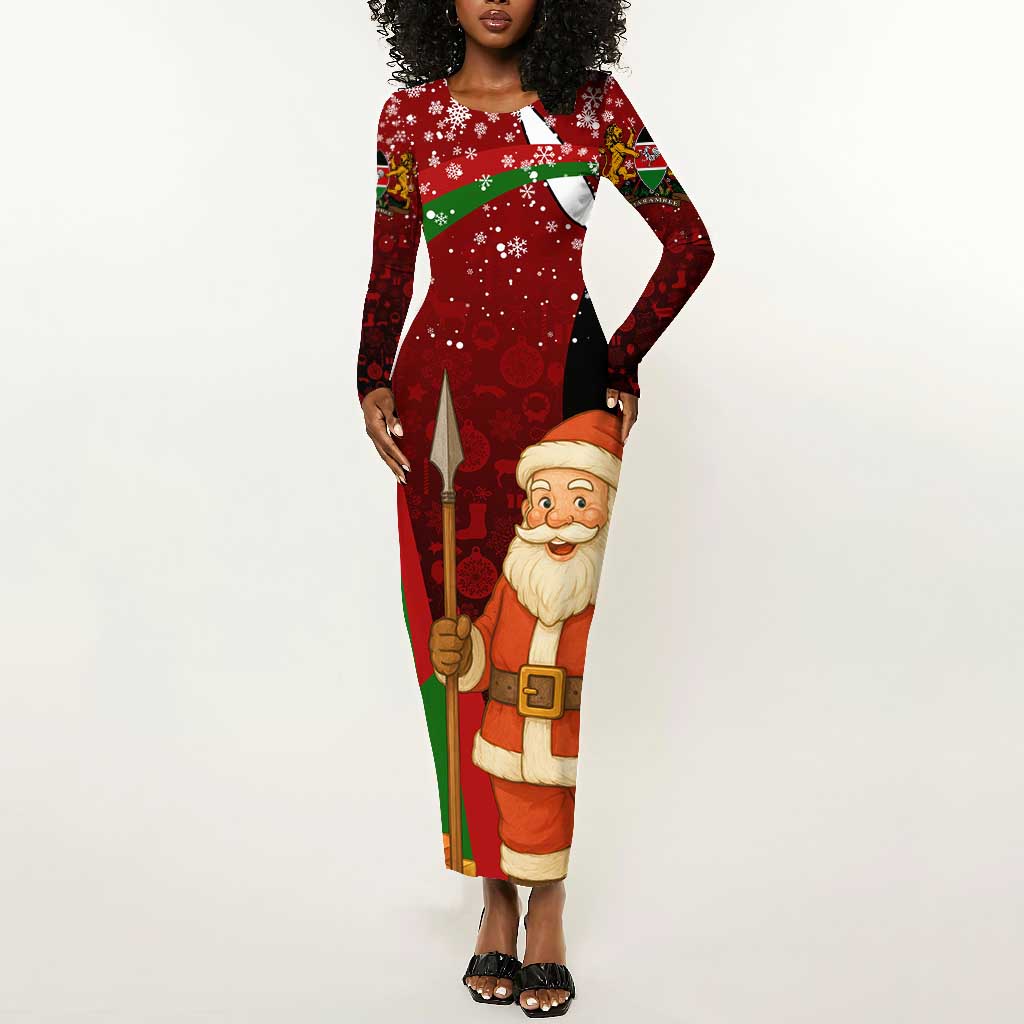 Kenya Christmas Long Sleeve Bodycon Dress Santa Claus Spear and Red Green Harambee Crest - African Pride