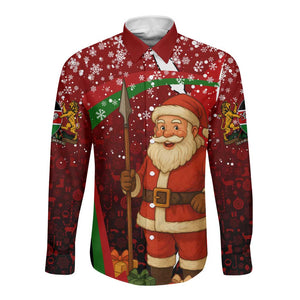 Kenya Christmas Long Sleeve Button Shirt Santa Claus Spear and Red Green Harambee Crest - African Pride