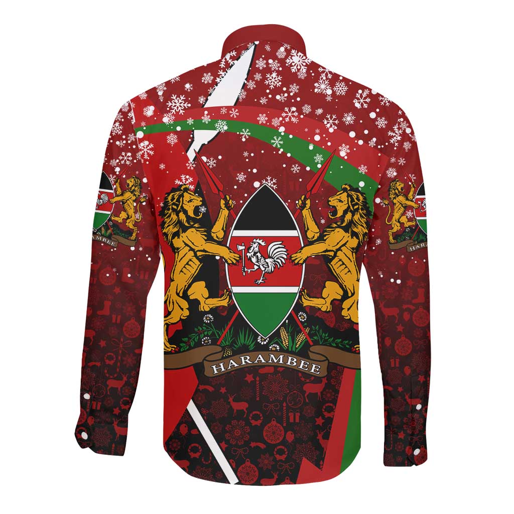 Kenya Christmas Long Sleeve Button Shirt Santa Claus Spear and Red Green Harambee Crest - African Pride