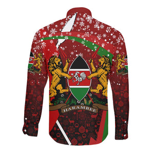 Kenya Christmas Long Sleeve Button Shirt Santa Claus Spear and Red Green Harambee Crest - African Pride