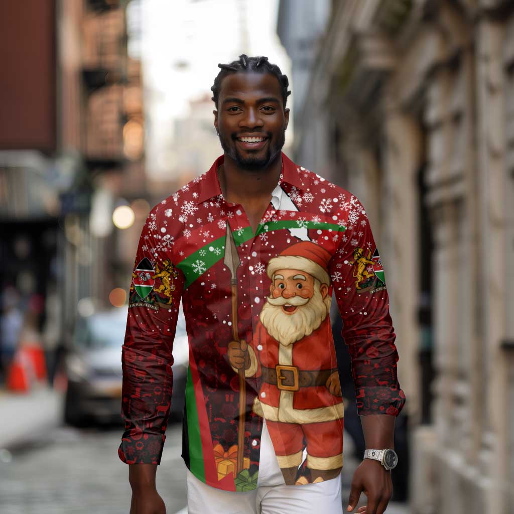 Kenya Christmas Long Sleeve Button Shirt Santa Claus Spear and Red Green Harambee Crest - African Pride