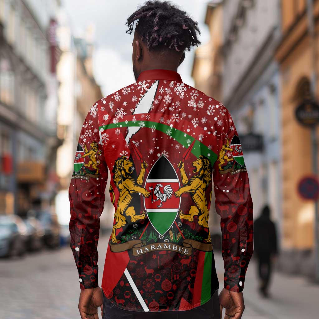Kenya Christmas Long Sleeve Button Shirt Santa Claus Spear and Red Green Harambee Crest - African Pride