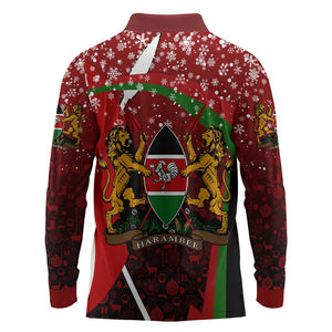 Kenya Christmas Long Sleeve Polo Shirt Santa Claus Spear and Red Green Harambee Crest - African Pride
