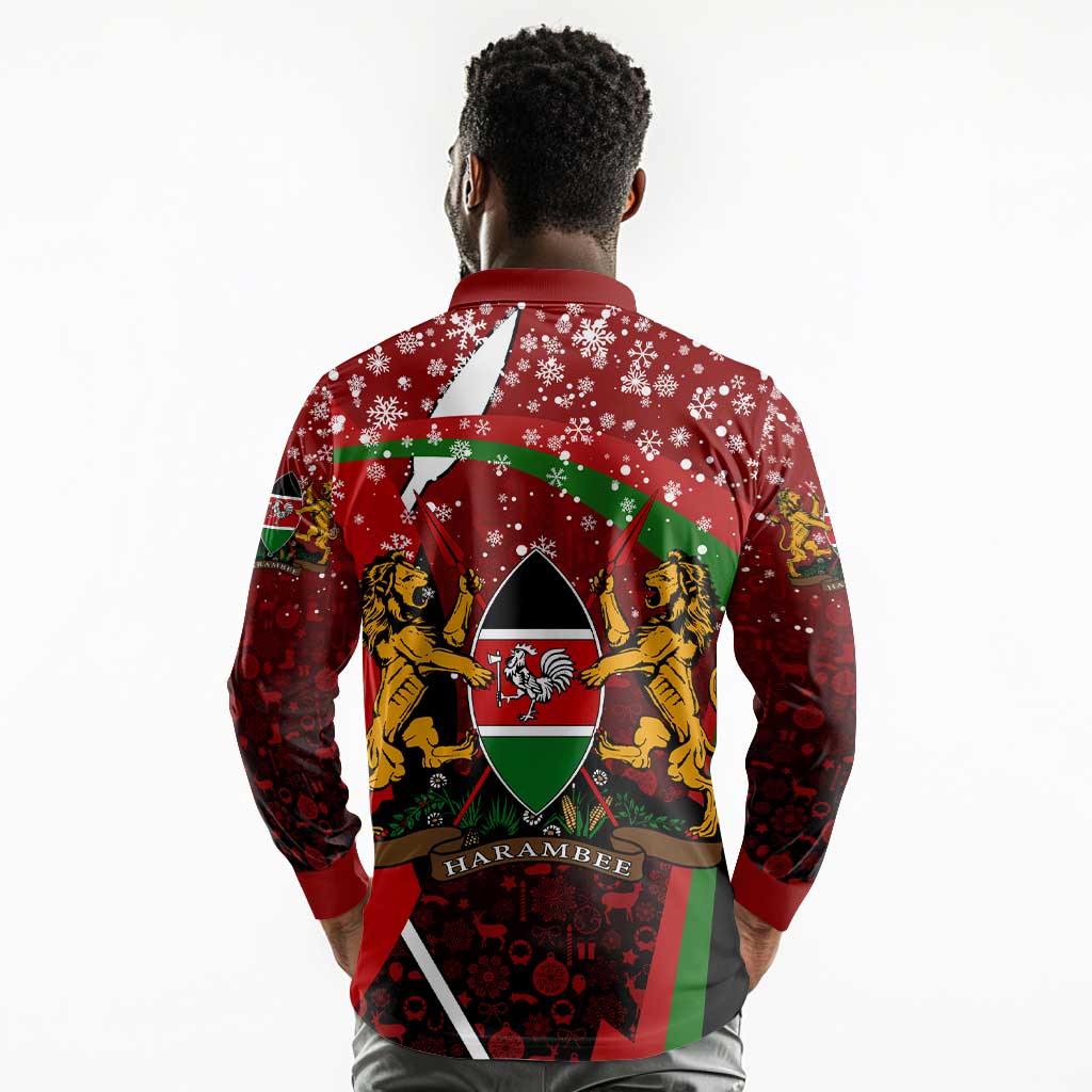 Kenya Christmas Long Sleeve Polo Shirt Santa Claus Spear and Red Green Harambee Crest - African Pride