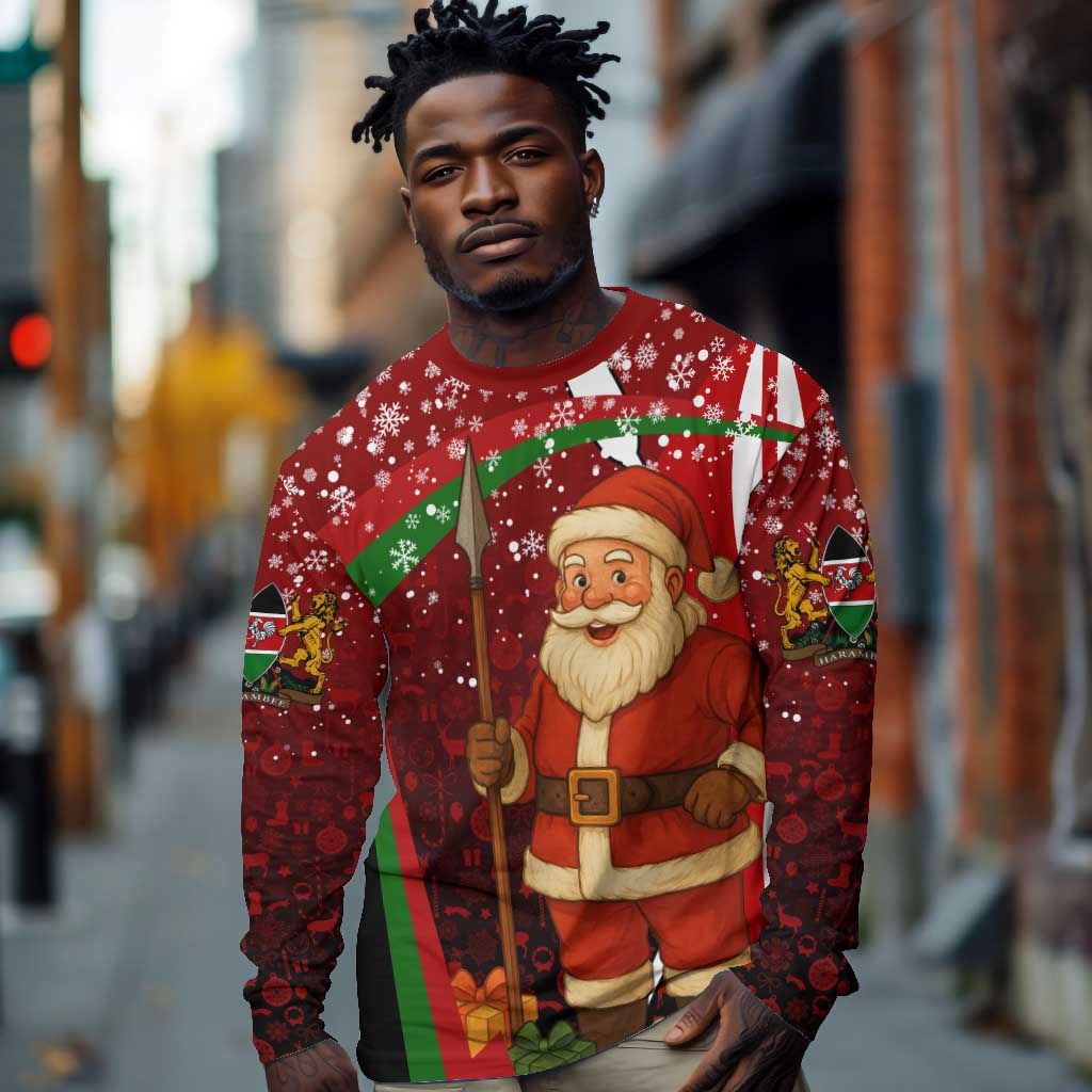 Kenya Christmas Long Sleeve Shirt Santa Claus Spear and Red Green Harambee Crest - African Pride