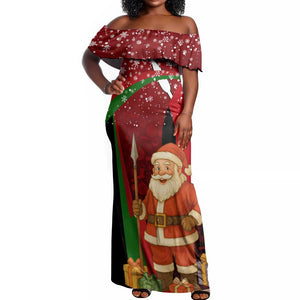 Kenya Christmas Off Shoulder Maxi Dress Santa Claus Spear and Red Green Harambee Crest - African Pride