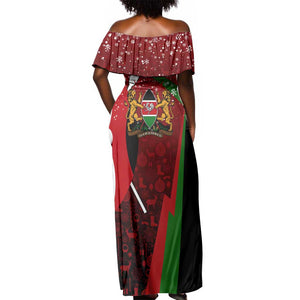 Kenya Christmas Off Shoulder Maxi Dress Santa Claus Spear and Red Green Harambee Crest - African Pride