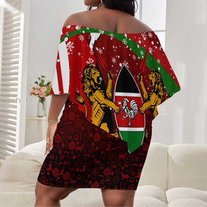 Kenya Christmas Off Shoulder Short Dress Santa Claus Spear and Red Green Harambee Crest - African Pride