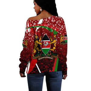 Kenya Christmas Off Shoulder Sweater Santa Claus Spear and Red Green Harambee Crest - African Pride