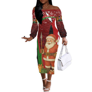 Kenya Christmas Off The Shoulder Long Sleeve Dress Santa Claus Spear and Red Green Harambee Crest - African Pride
