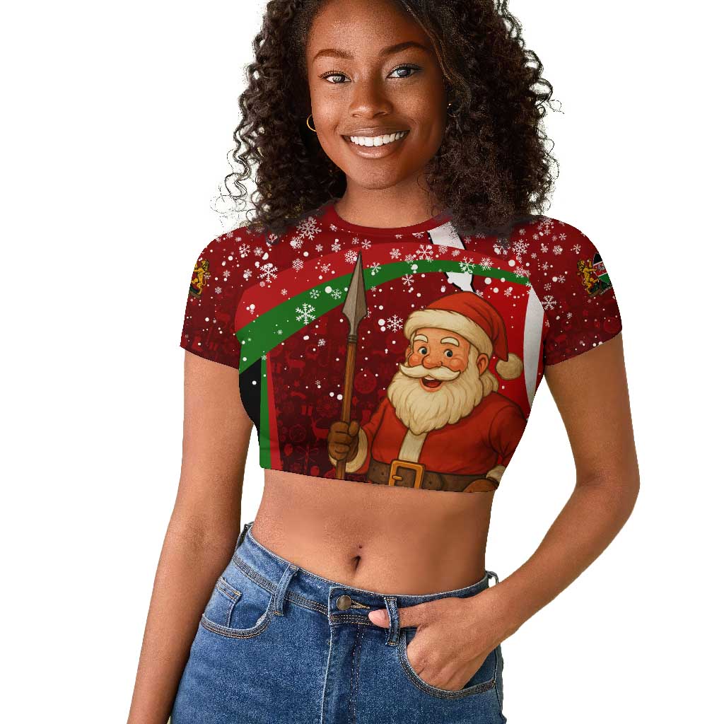Kenya Christmas Raglan Cropped T shirt Santa Claus Spear and Red Green Harambee Crest - African Pride