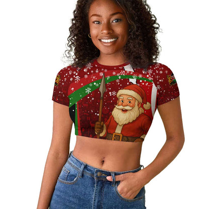 Kenya Christmas Raglan Cropped T shirt Santa Claus Spear and Red Green Harambee Crest - African Pride