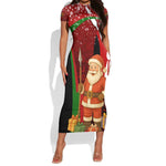 Kenya Christmas Short Sleeve Bodycon Dress Santa Claus Spear and Red Green Harambee Crest - African Pride