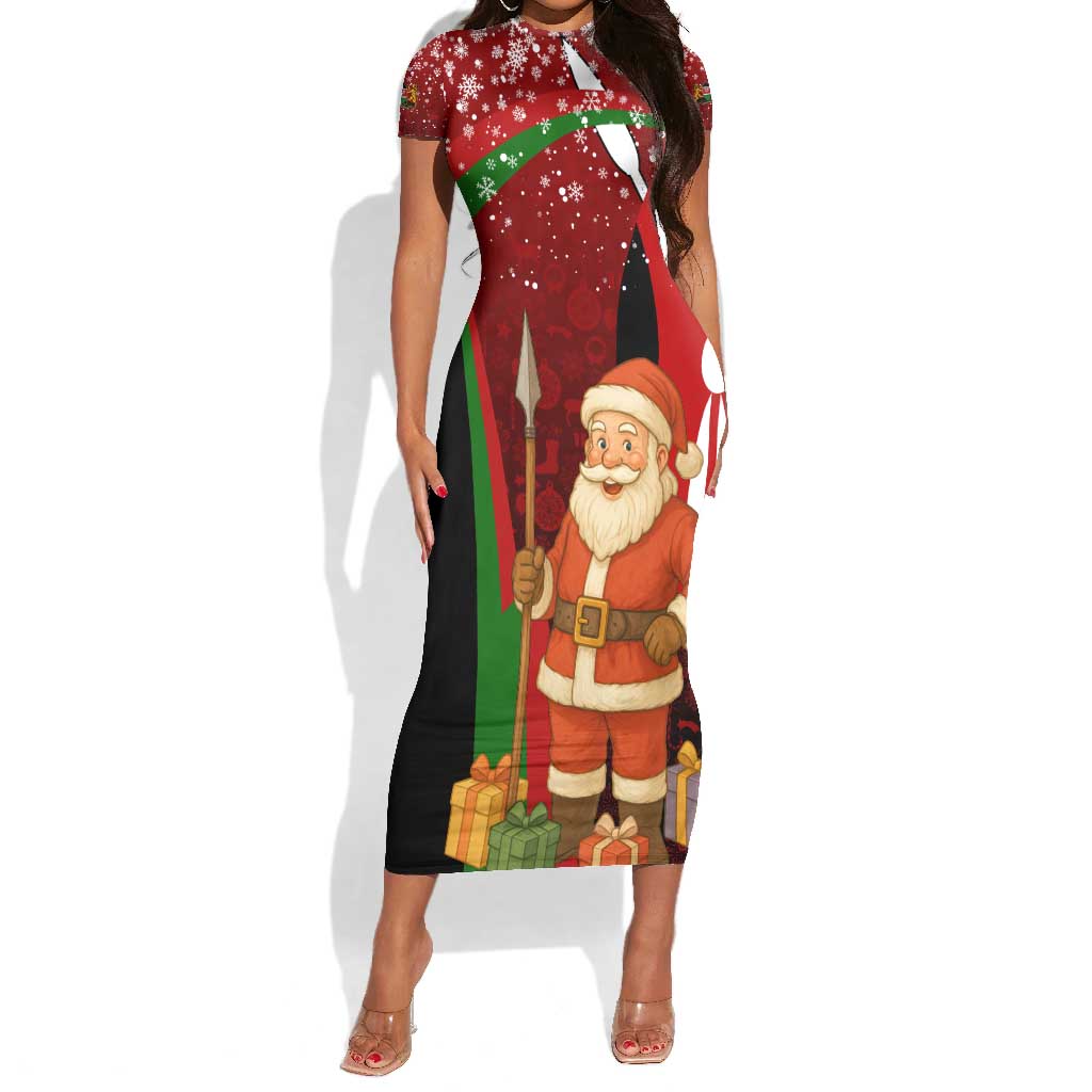 Kenya Christmas Short Sleeve Bodycon Dress Santa Claus Spear and Red Green Harambee Crest - African Pride