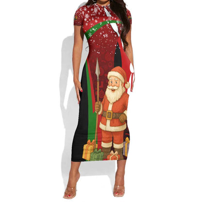 Kenya Christmas Short Sleeve Bodycon Dress Santa Claus Spear and Red Green Harambee Crest - African Pride