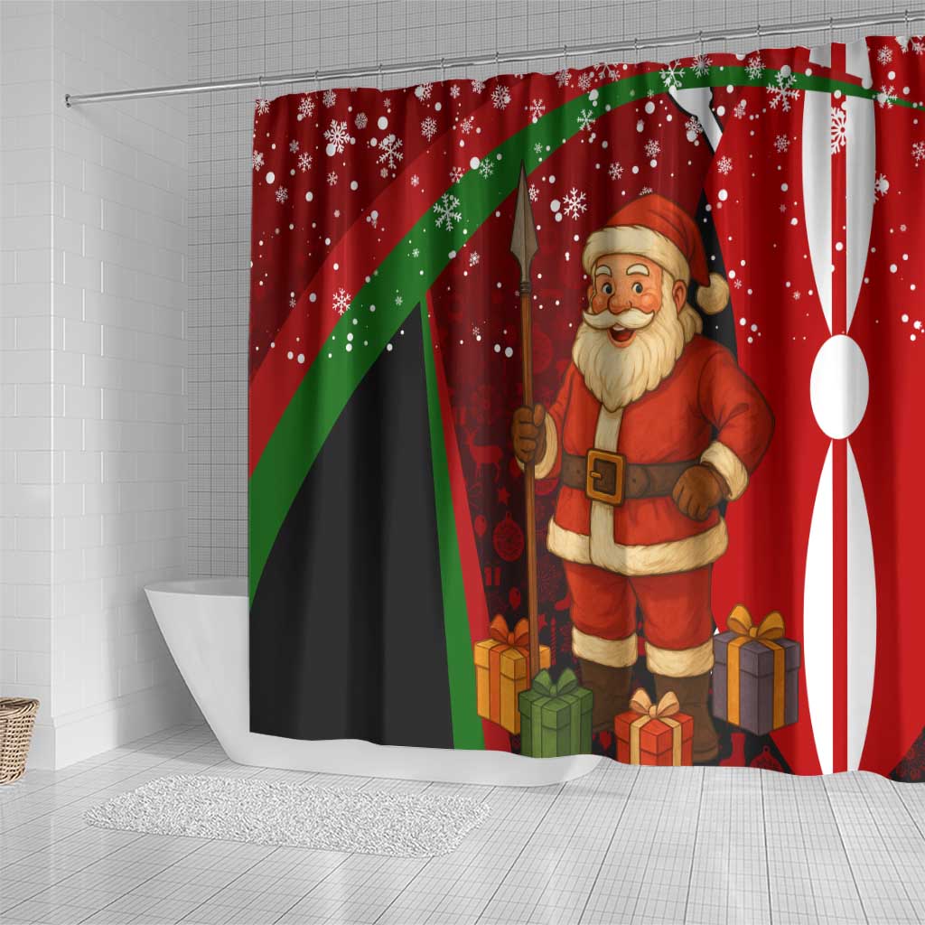 Kenya Christmas Shower Curtain Santa Claus Spear and Red Green Harambee Crest - African Pride