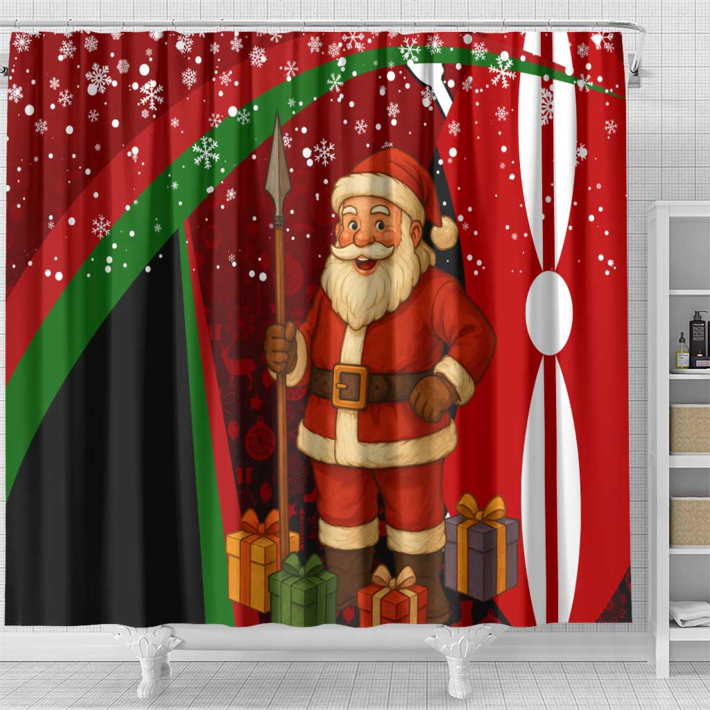 Kenya Christmas Shower Curtain Santa Claus Spear and Red Green Harambee Crest - African Pride