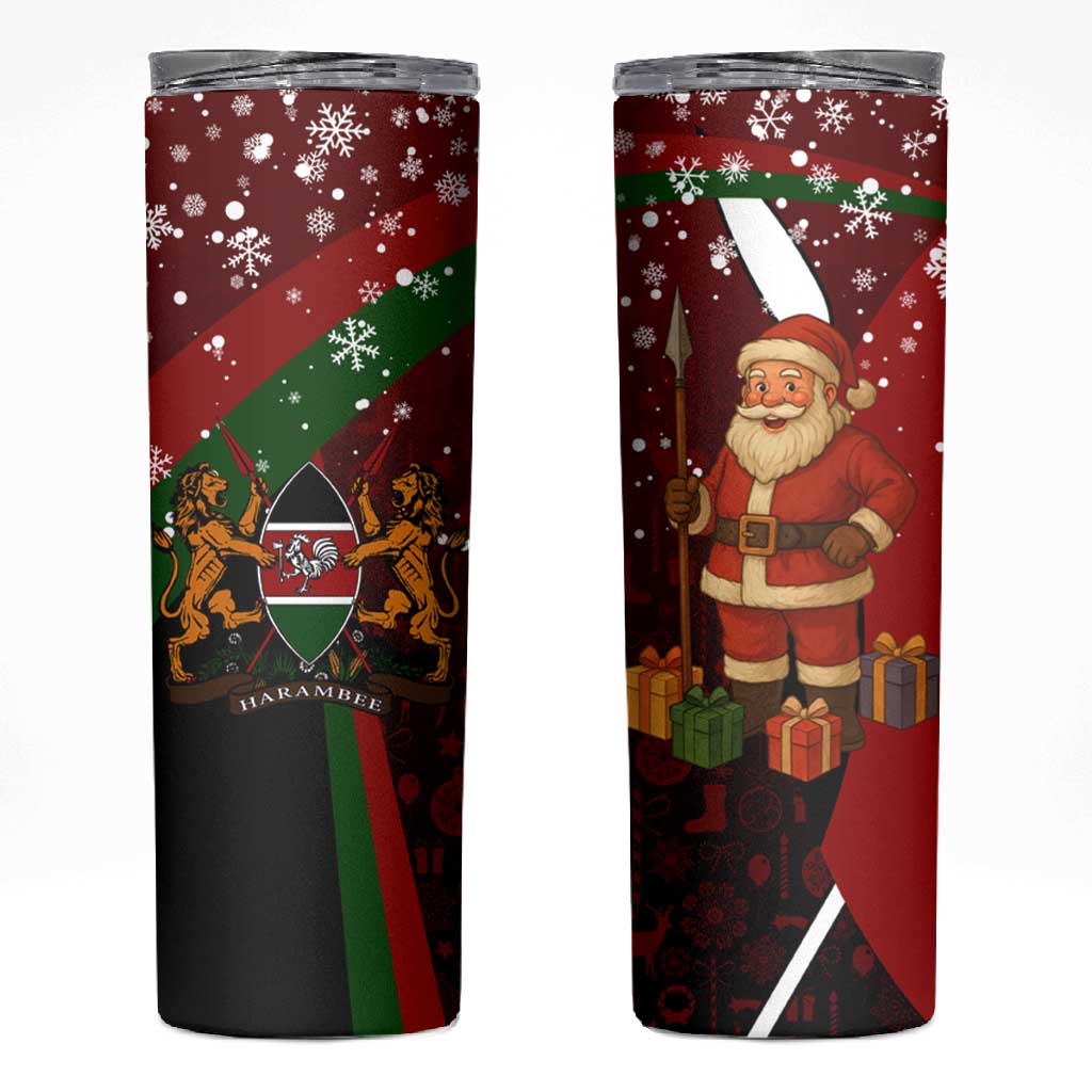Kenya Christmas Skinny Tumbler Santa Claus Spear and Red Green Harambee Crest - African Pride