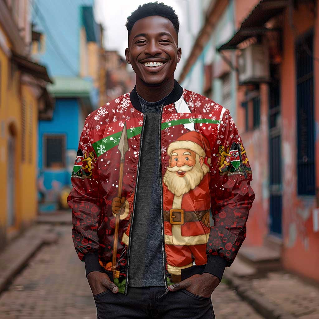 Kenya Christmas Sleeve Zip Bomber Jacket Santa Claus Spear and Red Green Harambee Crest - African Pride