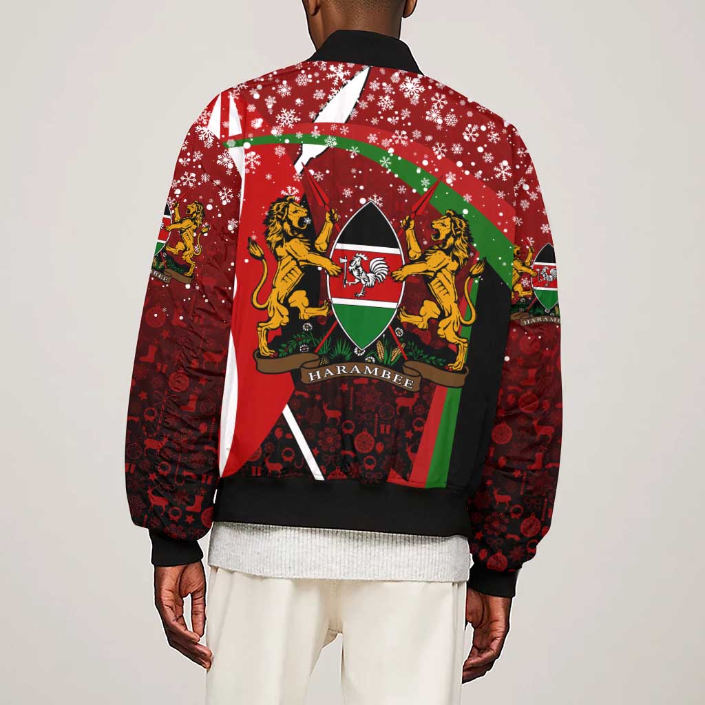 Kenya Christmas Sleeve Zip Bomber Jacket Santa Claus Spear and Red Green Harambee Crest - African Pride