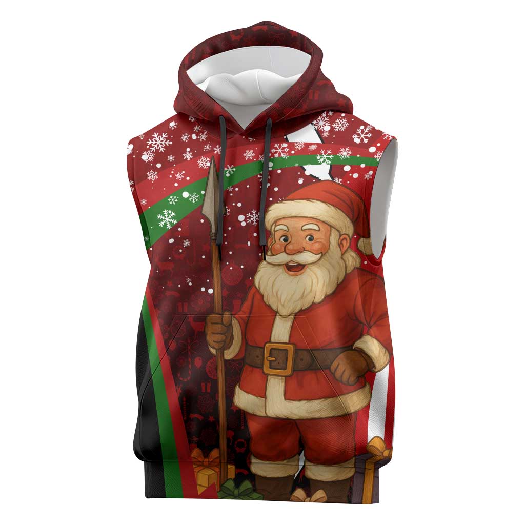 Kenya Christmas Sleeveless Hoodie Santa Claus Spear and Red Green Harambee Crest - African Pride