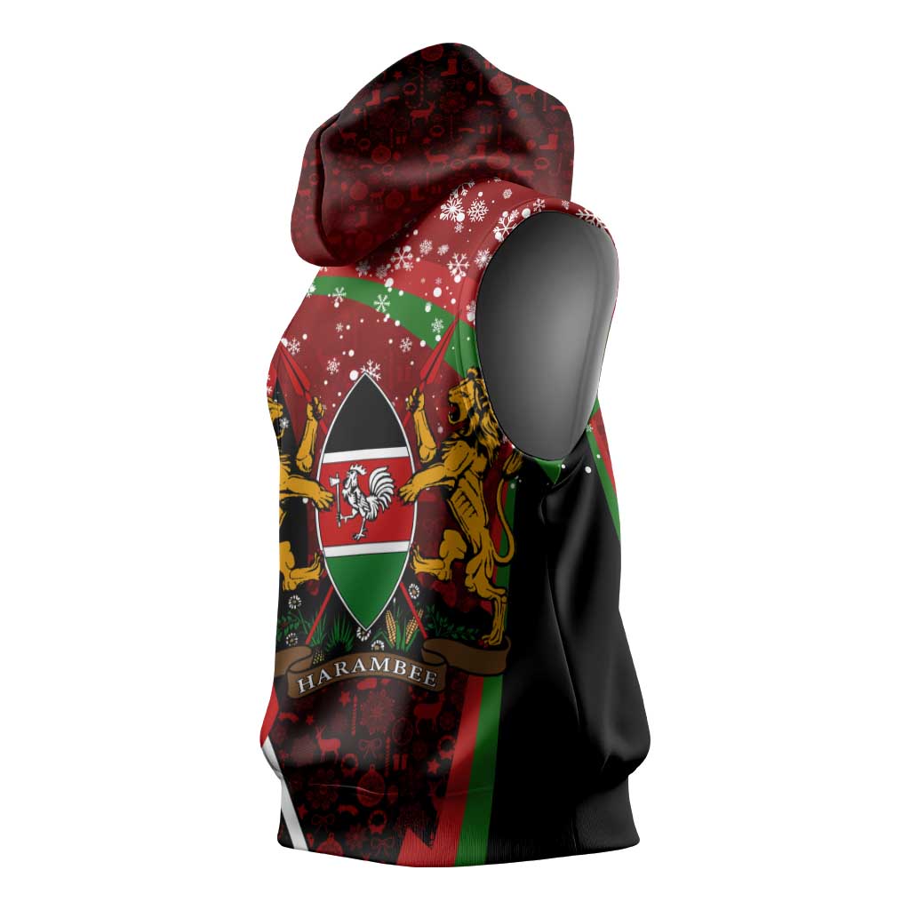 Kenya Christmas Sleeveless Hoodie Santa Claus Spear and Red Green Harambee Crest - African Pride