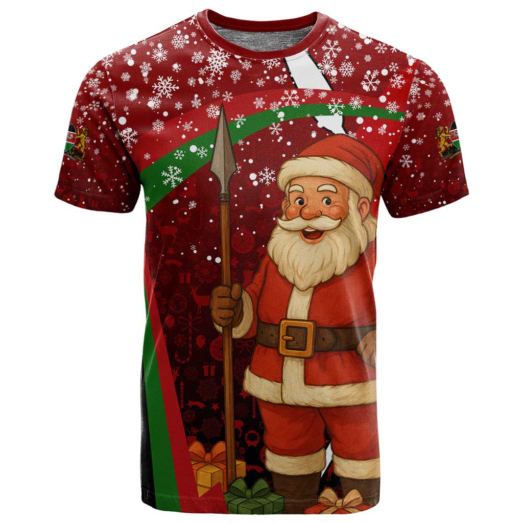 Kenya Christmas T shirt Santa Claus Spear and Red Green Harambee Crest - African Pride
