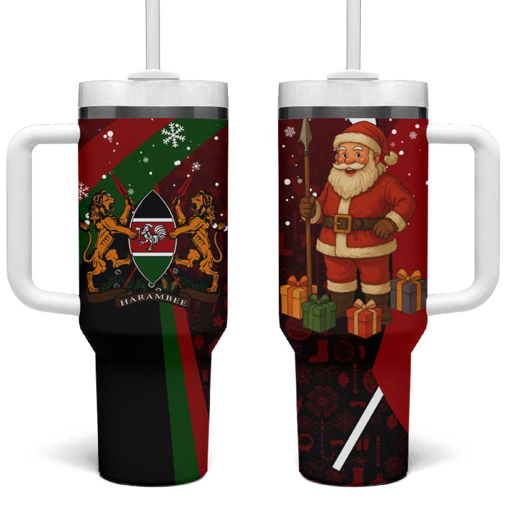 Kenya Christmas Tumbler With Handle Santa Claus Spear and Red Green Harambee Crest - African Pride
