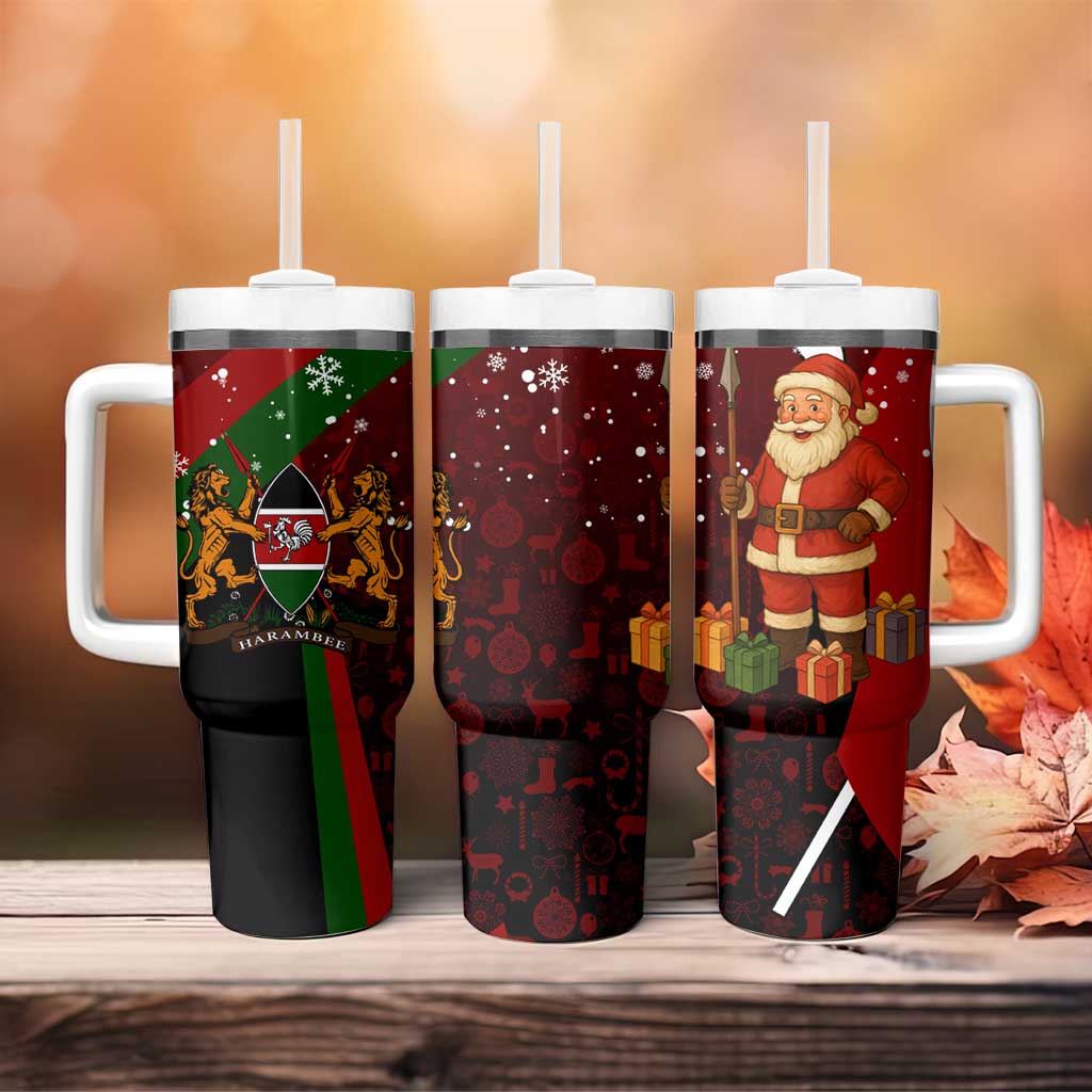 Kenya Christmas Tumbler With Handle Santa Claus Spear and Red Green Harambee Crest - African Pride