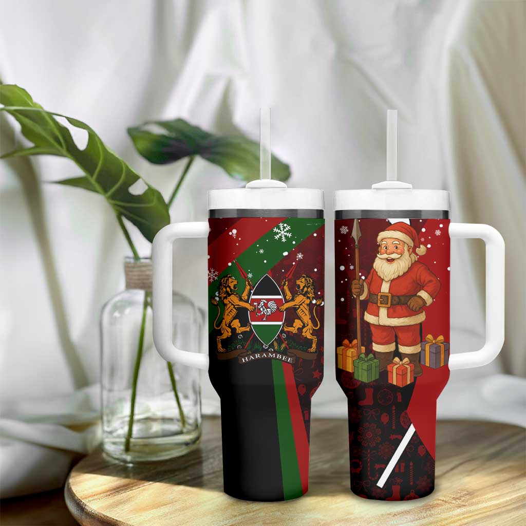 Kenya Christmas Tumbler With Handle Santa Claus Spear and Red Green Harambee Crest - African Pride