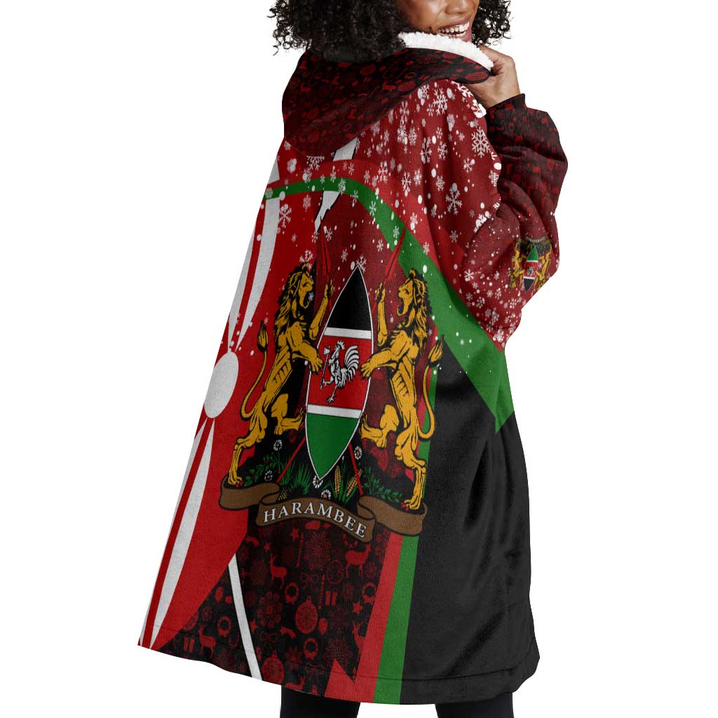 Kenya Christmas Wearable Blanket Hoodie Santa Claus Spear and Red Green Harambee Crest - African Pride