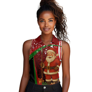 Kenya Christmas Women Sleeveless Polo Shirt Santa Claus Spear and Red Green Harambee Crest - African Pride