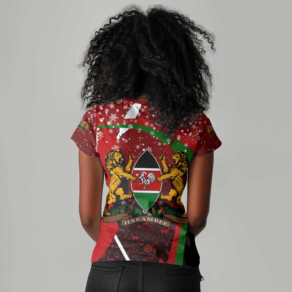Kenya Christmas Women V-Neck T-Shirt Santa Claus Spear and Red Green Harambee Crest - African Pride