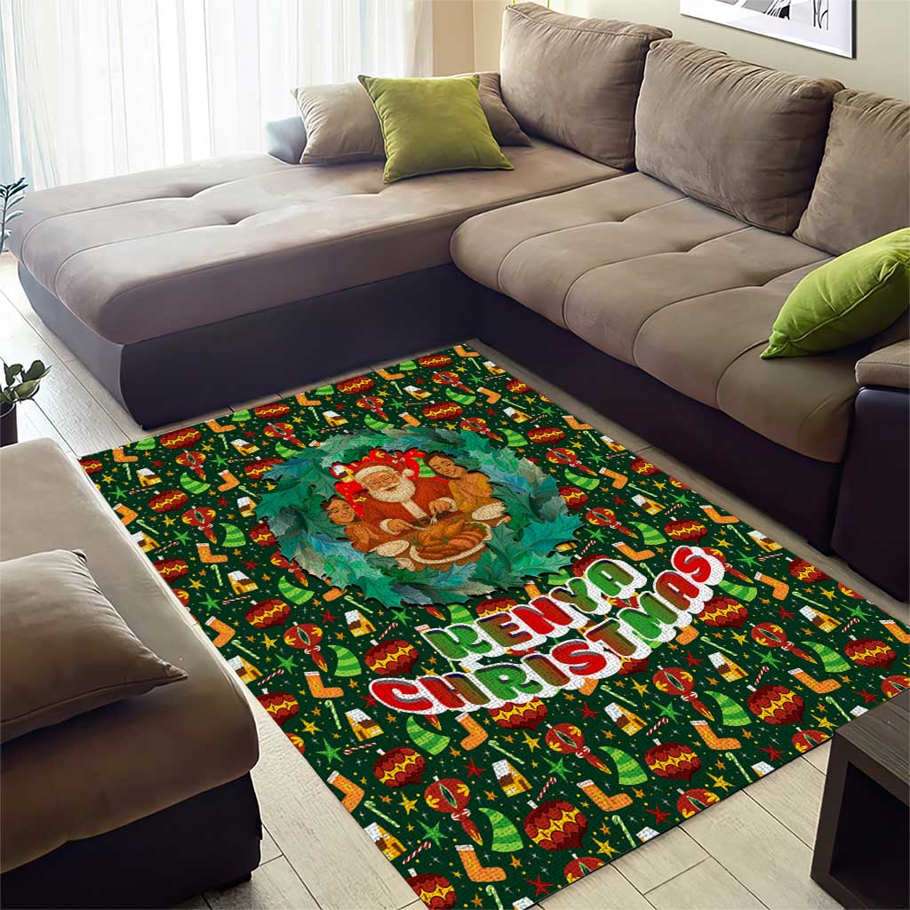 Kenya Christmas Area Rug Santa Feast Scene and Festive Wreath Pattern - African Pride