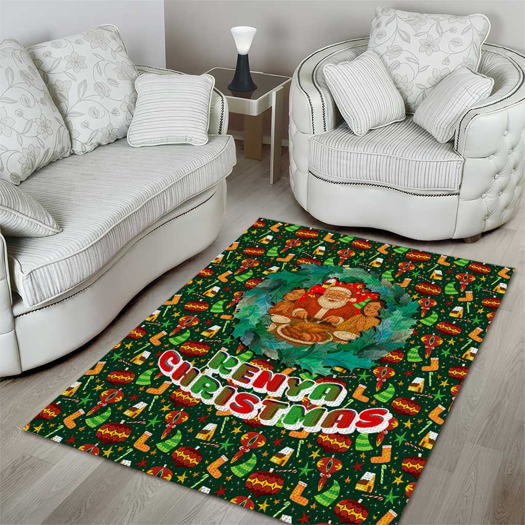Kenya Christmas Area Rug Santa Feast Scene and Festive Wreath Pattern - African Pride