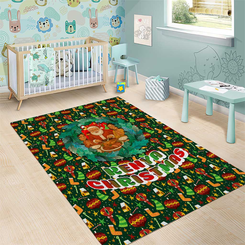 Kenya Christmas Area Rug Santa Feast Scene and Festive Wreath Pattern - African Pride