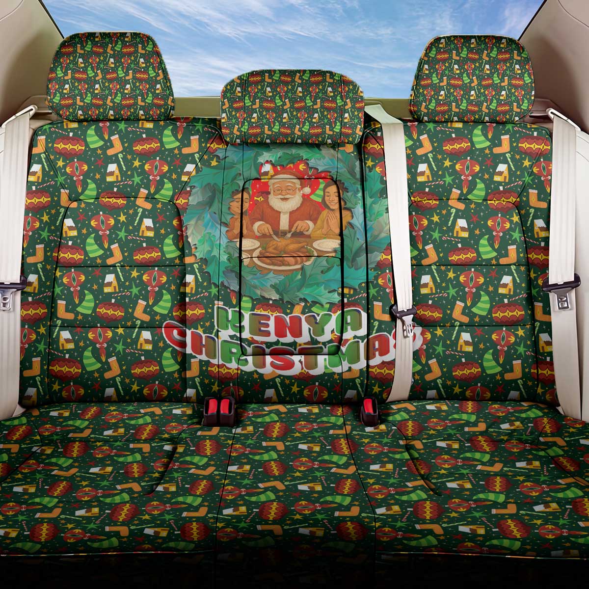 Kenya Christmas Back Car Seat Cover Santa Feast Scene and Festive Wreath Pattern - African Pride