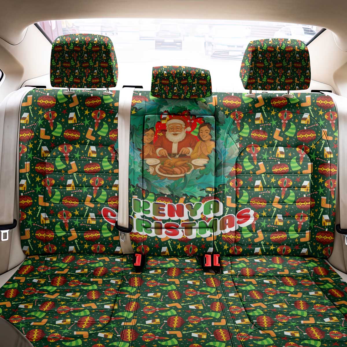 Kenya Christmas Back Car Seat Cover Santa Feast Scene and Festive Wreath Pattern - African Pride
