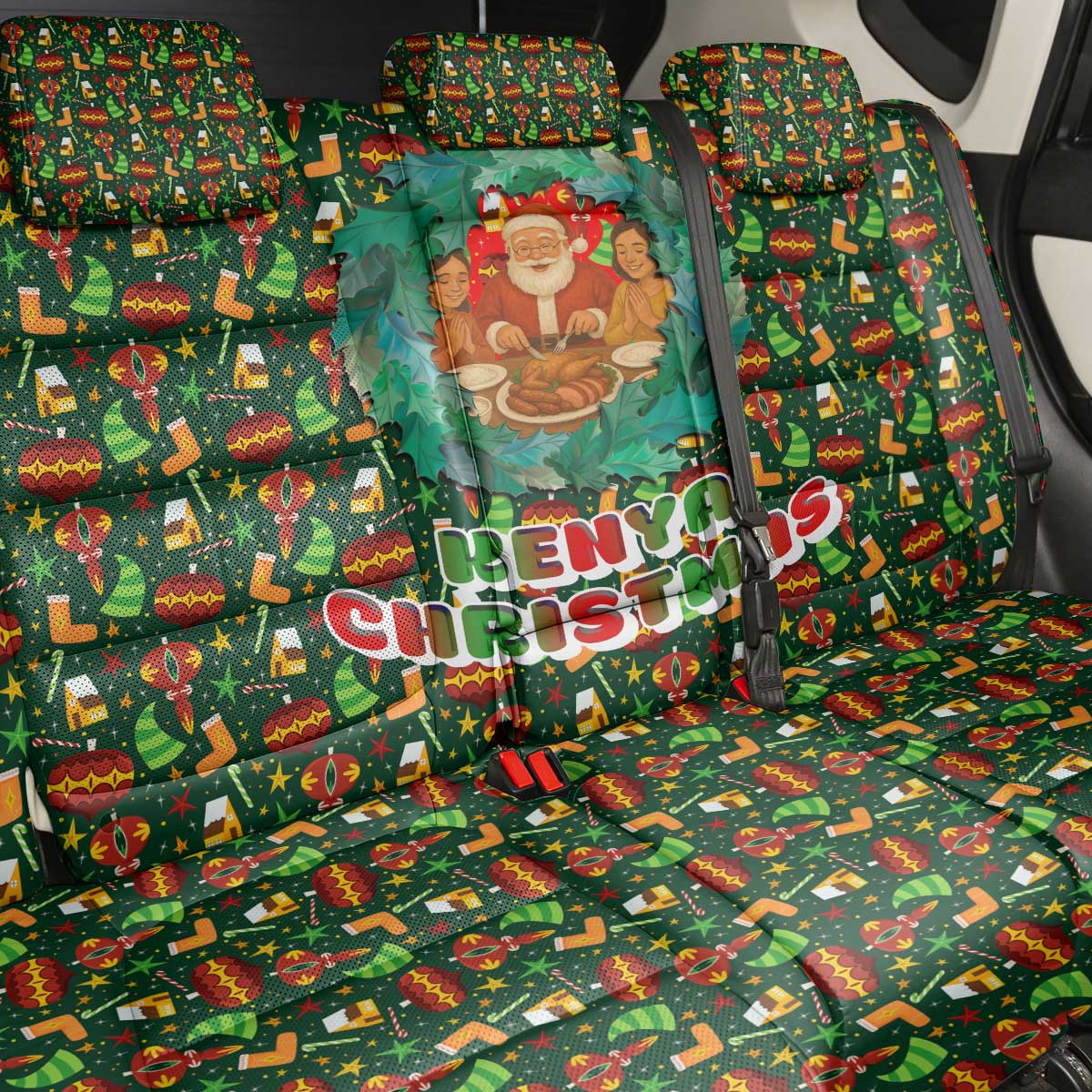 Kenya Christmas Back Car Seat Cover Santa Feast Scene and Festive Wreath Pattern - African Pride