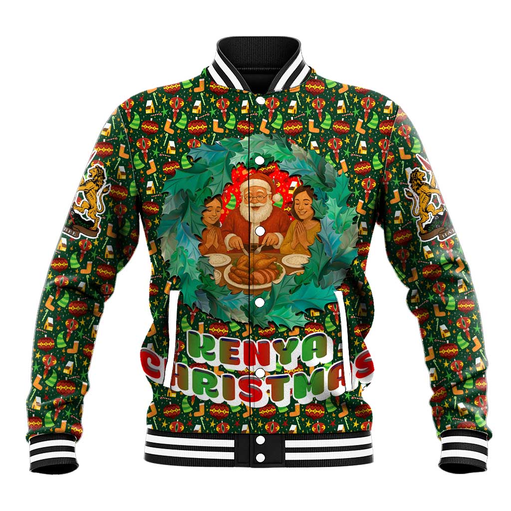 Kenya Christmas Baseball Jacket Santa Feast Scene and Festive Wreath Pattern - African Pride