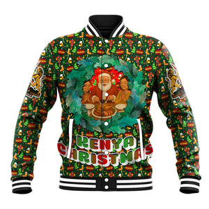 Kenya Christmas Baseball Jacket Santa Feast Scene and Festive Wreath Pattern - African Pride