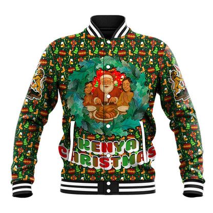 Kenya Christmas Baseball Jacket Santa Feast Scene and Festive Wreath Pattern - African Pride