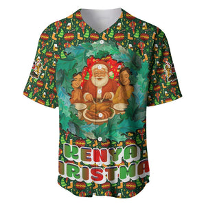 Kenya Christmas Baseball Jersey Santa Feast Scene and Festive Wreath Pattern - African Pride