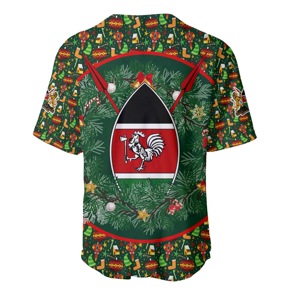 Kenya Christmas Baseball Jersey Santa Feast Scene and Festive Wreath Pattern - African Pride
