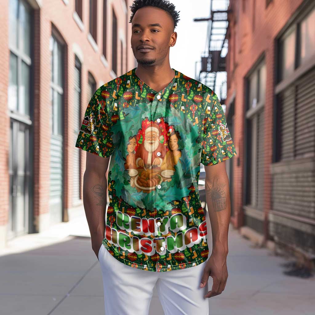 Kenya Christmas Baseball Jersey Santa Feast Scene and Festive Wreath Pattern - African Pride