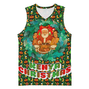 Kenya Christmas Basketball Jersey Santa Feast Scene and Festive Wreath Pattern - African Pride