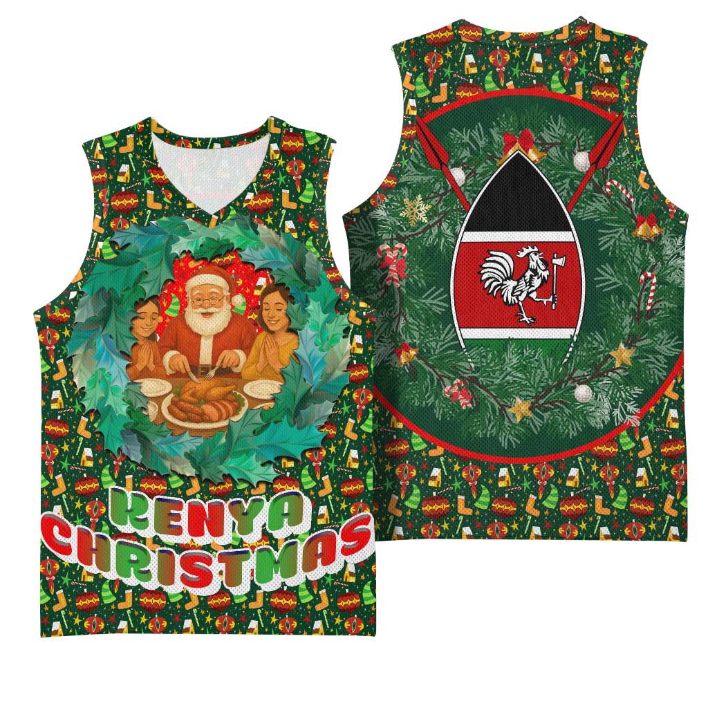 Kenya Christmas Basketball Jersey Santa Feast Scene and Festive Wreath Pattern - African Pride