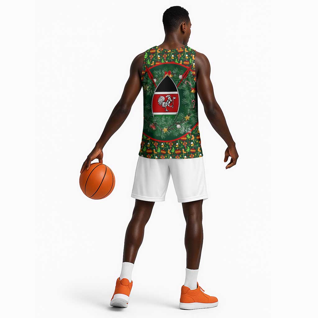 Kenya Christmas Basketball Jersey Santa Feast Scene and Festive Wreath Pattern - African Pride