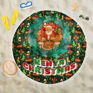 Kenya Christmas Beach Blanket Santa Feast Scene and Festive Wreath Pattern - African Pride